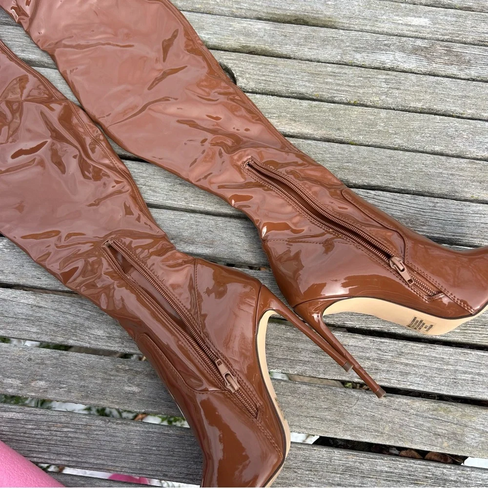 Steve Madden Patent Viktory Cognac Pat Thigh High Over Knee Boots size 6.5‎